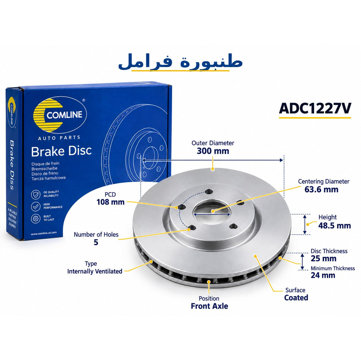 Comline Front Coated Brake Disc – C-Max, Kuga 1 2.0 TDCi, Kuga 2 EcoBlue, Focus 3, Volvo – ADC1227V
