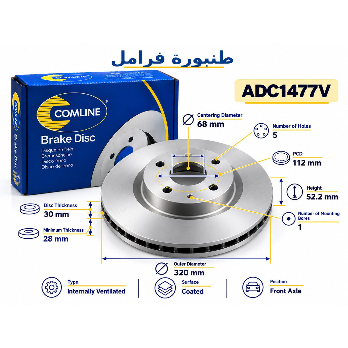 Comline Front Coated Brake Disc – Audi A4 1.8 2.0 TDI 2.7 TDI 3.0 TDI 2008, A5, Q5 – ADC1477V